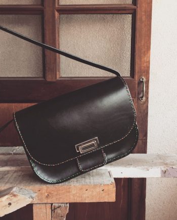 structured black leather box bag